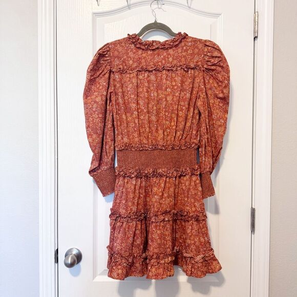 House of Harlow Wallis Rust Floral Print Tiered Ruffle Smocked Mini Dress M NWT - Picture 7 of 11